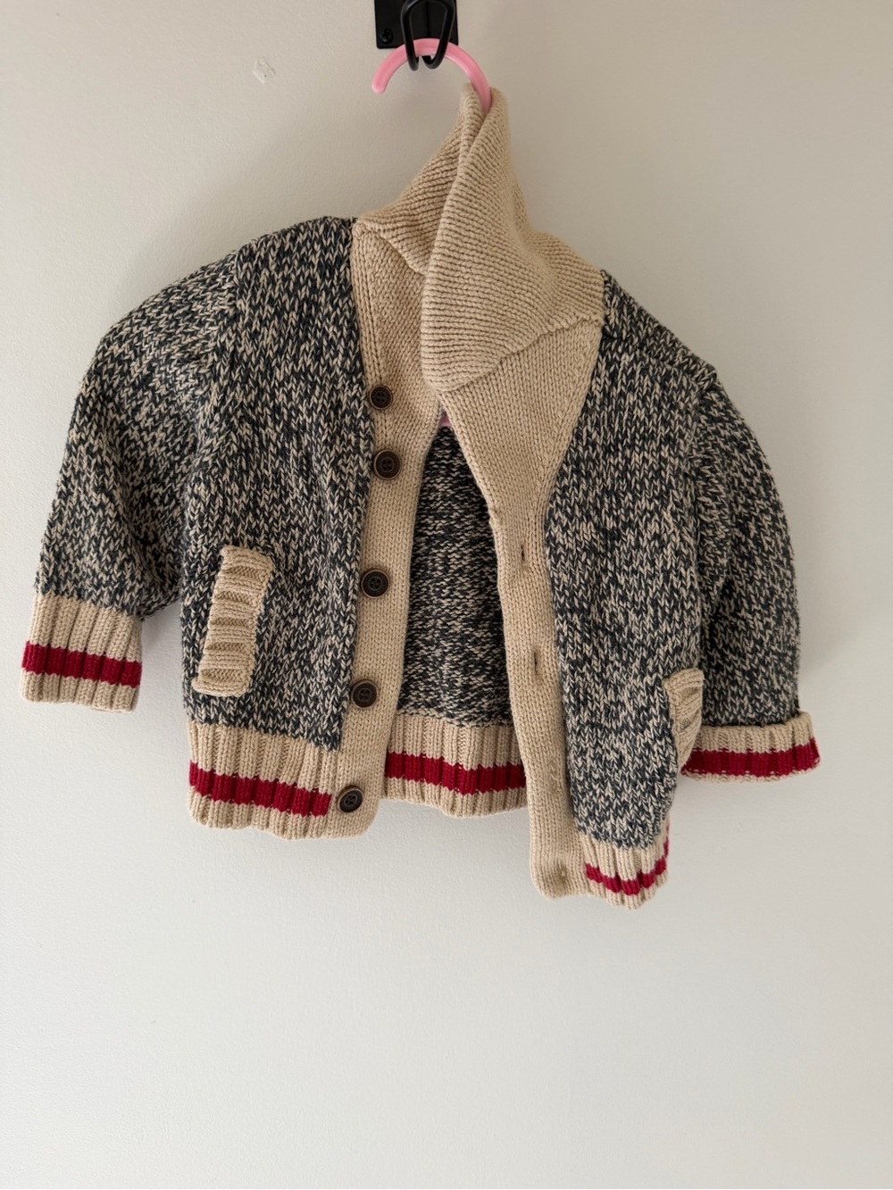 Roots Beige and Black Marled Kids Cardigan with Red Trim